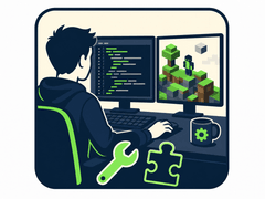 Illustration of a mod developer writing code and previewing a game modification on dual monitors