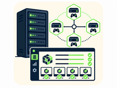 Illustration of server racks and a dashboard syncing modpack versions across multiple game servers