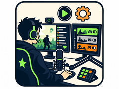 Illustration of a streamer with headset and dual monitors showing a live broadcast and mod profile switcher
